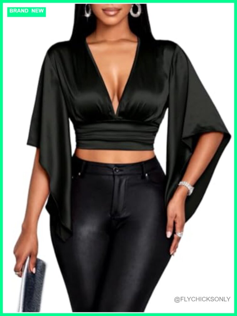Satin V Neck Bell Sleeve Crop Top Cut Out Tie Back Blouse 3/4 Sleeve